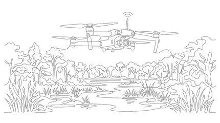 Fototapeta premium Drone flying over a forest river, line art illustration of aerial technology in nature