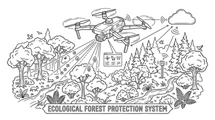 Obraz premium Drone ecological forest protection system monitoring trees, wildlife, and environment.