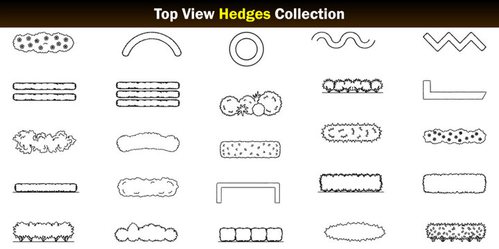 Landscape Hedge CAD Collection Formal Hedges, Boxwood Borders, Curved Shrub Rows, Garden Edging and Ornamental Plant Barrier Layouts &ndash; CAD Block Set Top View, Clean Thin Line Architectural Style