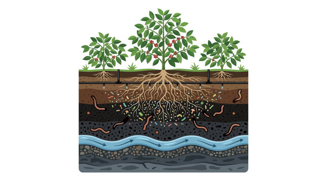 Cross-section of fertile soil with tree roots, earthworms, and water table