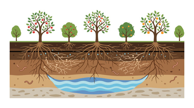 Cross-section of soil showing tree roots, water table, and earthworms, illustration