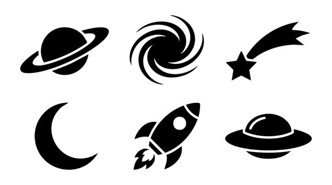 Minimalist black space vector illustration set featuring iconic celestial bodies and a retro rocket ship design