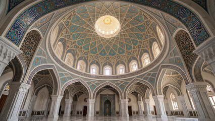 Obraz premium Elegant Islamic ceiling dome showcasing intricate geometric artwork, decorative arches, and harmonious architectural symmetry. A breathtaking example of classical Islamic interior design.