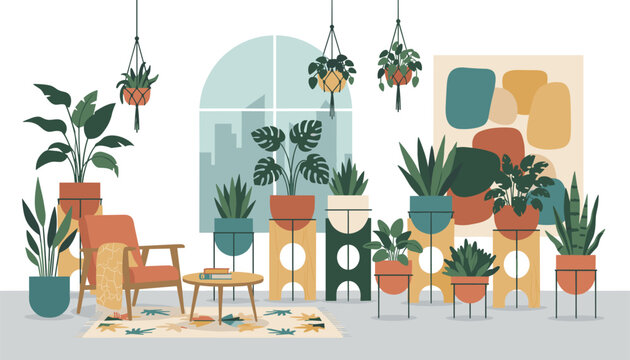 Indoor botanical oasis features a large collection of lush green houseplants in stylish pots around a cozy armchair.