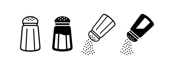 Minimalist black and white salt shaker icon set with upright and tilted designs showing pouring action for kitchen cooking seasoning graphics © Ruman
