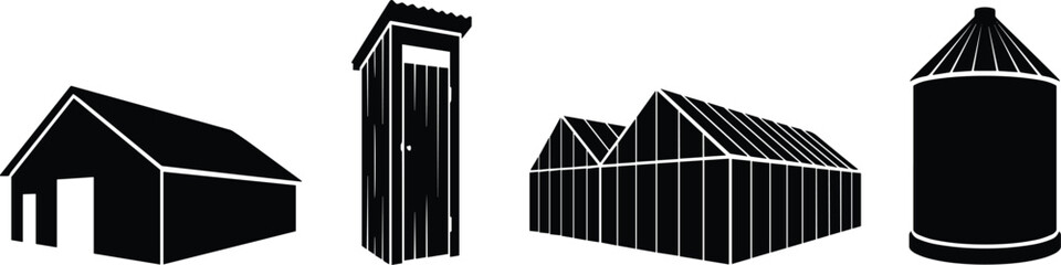 Set of farm and agricultural building silhouettes including warehouse greenhouse and grain silo icons © Mdjoshelahamed4400 