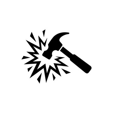 Powerful hammer strike silhouette icon with jagged starburst impact lines symbolizing force, construction, destruction, strength, energy, breaking, tool