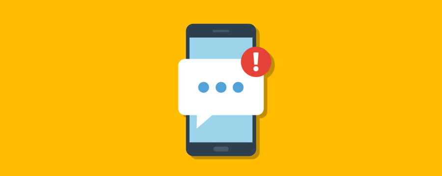 Minimalist smartphone message alert icon with notification bubble, urgent exclamation mark, flat design communication symbol for mobile app interface graphics