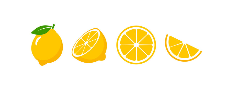 Minimalist lemon fruit icon set showing whole, half, cross-section, and wedge slice illustrations for fresh citrus design, vector graphics