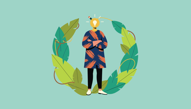 Creative thinker character with glowing light bulb head standing inside decorative tropical leaf circle.