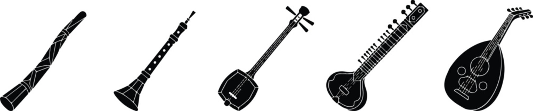 Traditional musical instruments silhouettes set, ethnic folk string and wind instruments vector icons.