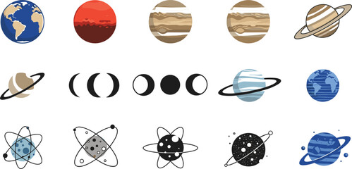 Solar System and Planet Icon Set with Earth Saturn Jupiter Atomic Models Astronomy and Space Science Symbols © Jaba