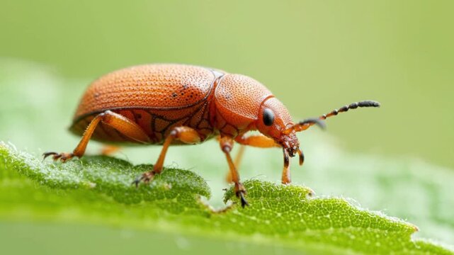 Brown beetle crawling on green leaf with shallow depth of field during daytime macro shot