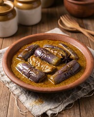 Fototapeta premium Pajeri Terung is a traditional Malaysian eggplant dish cooked in rich coconut gravy with aromatic spices, offering a mildly sweet and savory flavor.