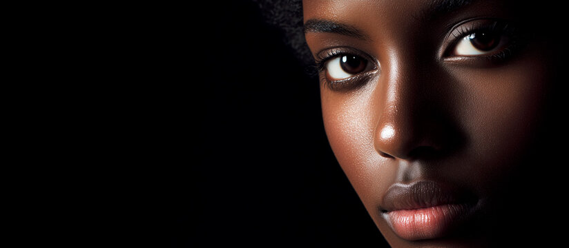 Close up portrait of a beautiful African American woman with glowing dark skin looking at camera against black background with copy space