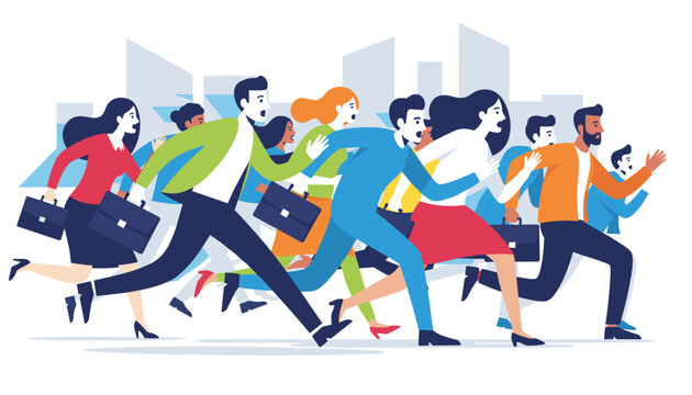 Group of determined business people in formal wear running in a race or panicking together in a city environment.