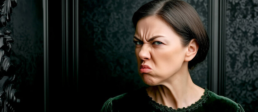 Portrait of an annoyed woman frowning and wrinkling her nose to make a funny disgusted face against a dark elegant background with copy space