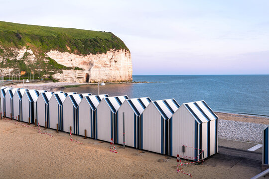 Beautiful coastal landscape of Yport near &Eacute;tretat with white cliffs pebble beach and breathtaking views along the Normandy coast of France.