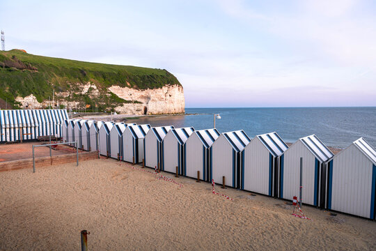 Beautiful coastal landscape of Yport near &Eacute;tretat with white cliffs pebble beach and breathtaking views along the Normandy coast of France.