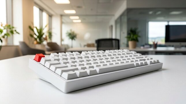 Modern white mechanical keyboard with single red escape key cap sitting on white office table with blurred modern workplace interior background technology design.