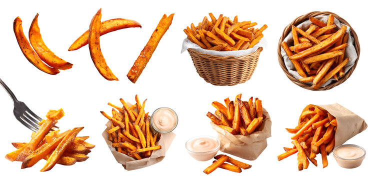 Set of sweet potato potatoes fries fry, many angles and view side top front broken bitten pile, takeout paper wrap bag with range sauce, basket with napkin, fork on transparent cutout PNG. Mockup