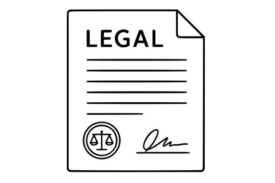 Legal document page with folded corner, signature line, seal and scales emblem, minimalist black outline vector icon illustration for contracts, agreements, court filings and notarized paperwork