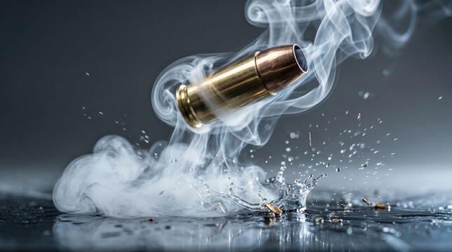Spent bullet casing falling into water with dramatic splash and swirling smoke.