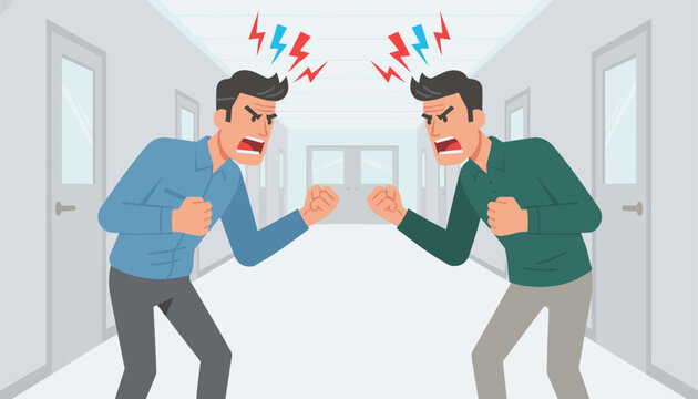 Two angry men yelling and shaking fists at each other with lightning bolts of rage flashing above their heads.
