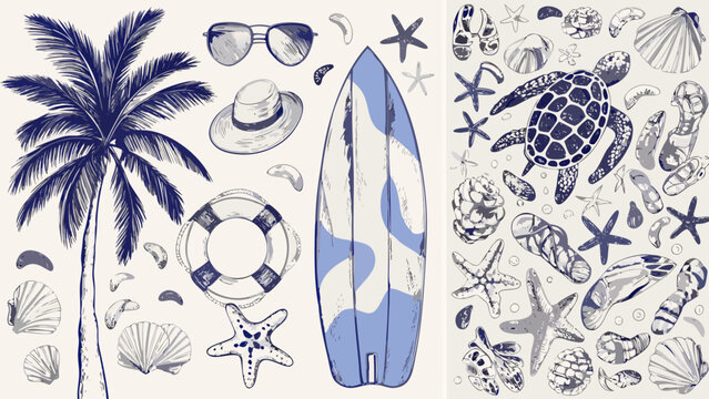 Nautical illustration set featuring a palm tree surfboard seashells and a sea turtle in a sketched style beachcombing