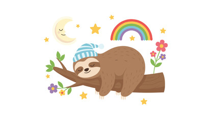 Fototapeta premium Adorable sloth sleeping on a tree branch wearing a nightcap under a smiling crescent moon, stars, and a rainbow.