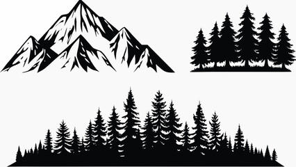Mountain and forest silhouettes against a white background a monochromatic nature scene alpine ascent black and white coniferous contour crest © Saikat