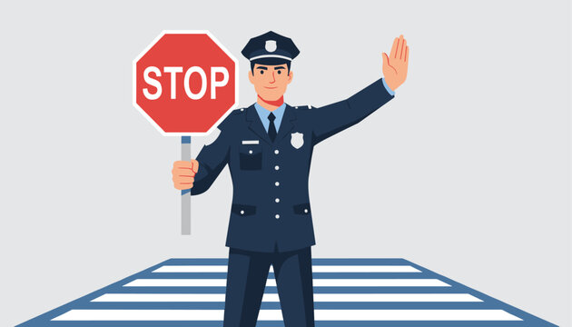 Police officer stands on a zebra crossing holding a red stop sign and raising his hand to halt oncoming traffic.