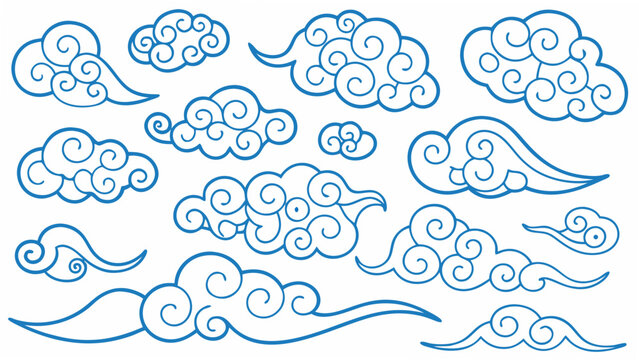 Collection of stylized blue cloud shapes on a white background a decorative vector illustration azure clouds celestial forms