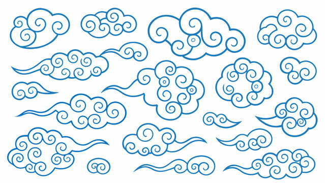 Collection of stylized blue cloud shapes on a white background a repeating vector pattern for design azure clouds