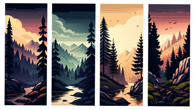 Scenic mountain landscape vector illustrations depicting four vertical panels with forests and waterways alpine scenery mountainous terrain forest