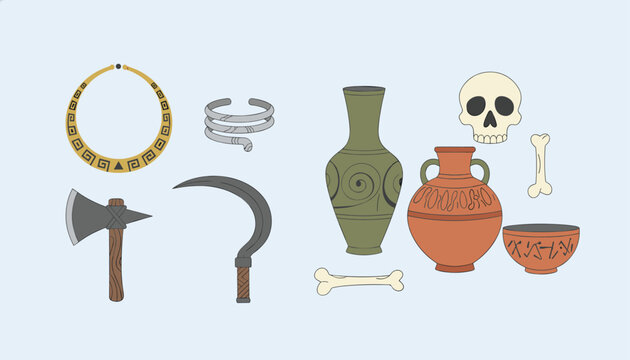 Collection of ancient archaeological artifacts including a skull, bones, pottery vases, gold jewelry, and stone tools.