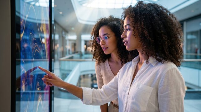 Two young women engaging with a large interactive digital touch screen in a modern public space.