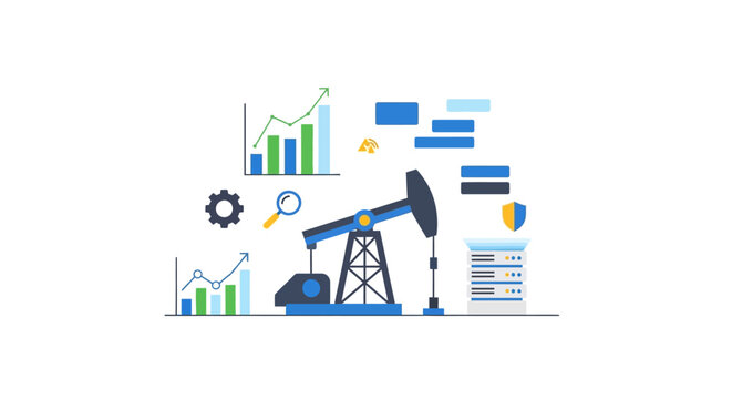 Oil Pump Jack with Financial Charts and Data Analytics Icons