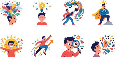 Fototapeta premium Creative Thinking and Personal Growth Flat Icons Set for Inspiration Concepts