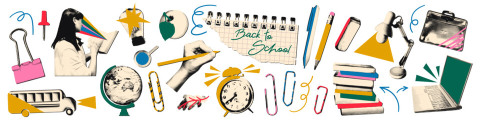 Back to school halftone collage elements set. Education concept with school stationery supplies paper cut outs. Student, book, pencil, laptop. Modern retro vector illustration for mixed media design. © ugguggu