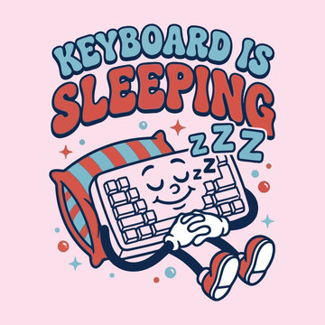 Cute cartoon computer keyboard character sleeping on a pillow with zzz text keyboard computer sleeping character technology illustration typography colorful