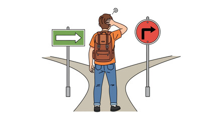 Man stands at crossroads with signs, looking puzzled on road © Pata