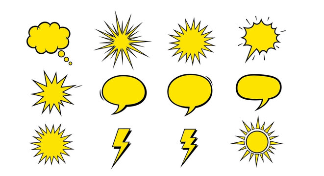 Various yellow weather icons and speech bubbles are scattered across the white background.