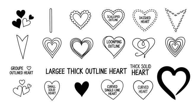 Various heart designs illustrated in thick and thin outline styles on white