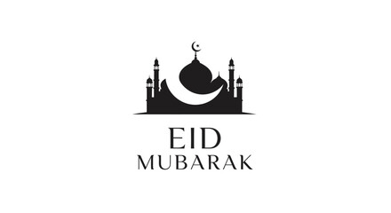 Eid Mubarak graphic with mosque and crescent moon silhouette © Hasanz