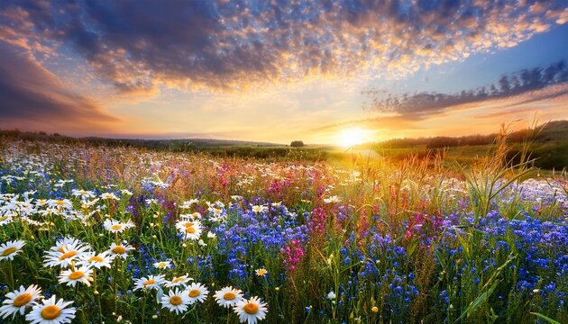 Vibrant Wildflower Meadow With Daisies Clover And Blue Flowers Under A Warm Golden Sky