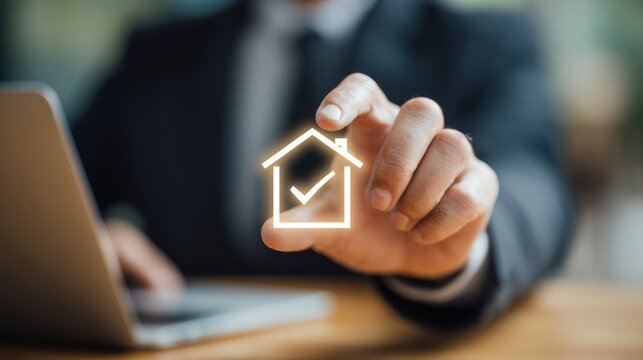 Real estate business market, house home building purchase sale. A man in a suit intently focused on a laptop, his hand hovering over a house icon.