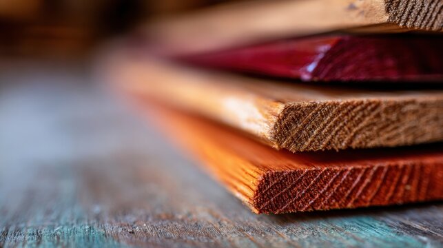 Wood pieces stacked on a table in a workshop with different colors and textures