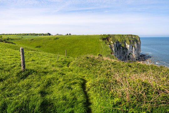 Panoramic coastal scenery of Yport near &Eacute;tretat showcasing impressive cliffs tranquil shoreline and the natural beauty of Normandy France.