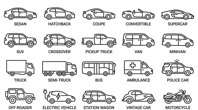 Various types of cars and vehicles.